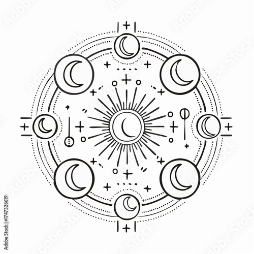 Line style icons of time: morning sunrise, afternoon sun, evening sunset, midnight moon, day and night cycle, time-of-day icon, daylight hours ring, circadian rhythm badge.