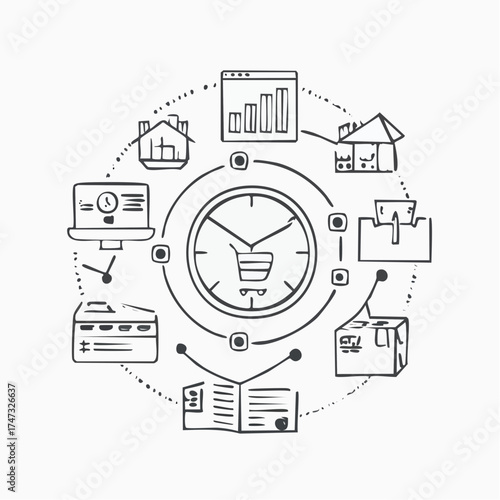 Line style icons of productivity and workflow in e-commerce: order dashboard, task checklist, order fulfillment flow, stock update icon, product listing tracker, efficiency chart, packaging process,