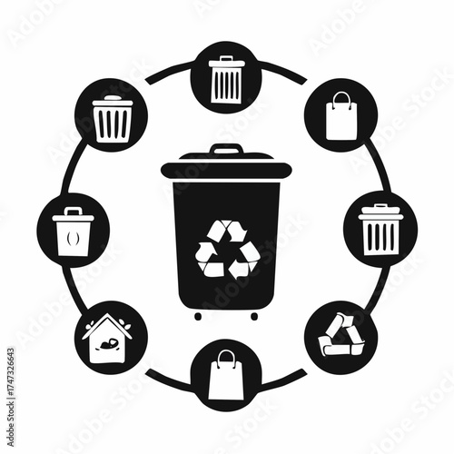 Solid style icons of waste management: trash bin, compost bin, recycling bin, bin with lid, waste bag, garbage schedule, sort waste icon, landfill sign.