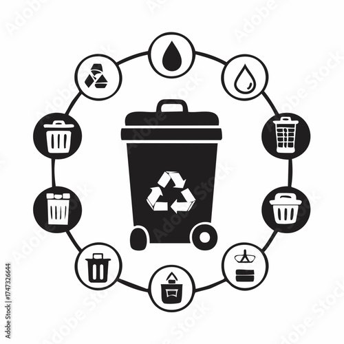 Solid style icons of waste management: trash bin, compost bin, recycling bin, bin with lid, waste bag, garbage schedule, sort waste icon, landfill sign.