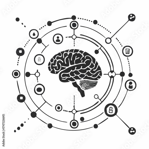 Solid style icons of neuroscience: brain icon, neuron cell, brainwave pattern, scan image, cognitive map, reaction time test, neurotransmitter chart, brain and tech.