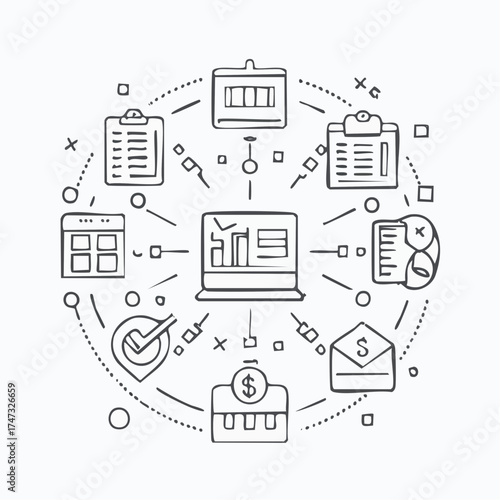 Line style icons of productivity and workflow in e-commerce: order dashboard, task checklist, order fulfillment flow, stock update icon, product listing tracker, efficiency chart, packaging process,