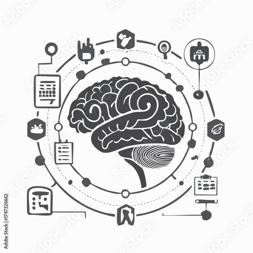 Solid style icons of neuroscience: brain icon, neuron cell, brainwave pattern, scan image, cognitive map, reaction time test, neurotransmitter chart, brain and tech.