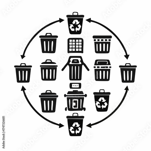 Solid style icons of waste management: trash bin, compost bin, recycling bin, bin with lid, waste bag, garbage schedule, sort waste icon, landfill sign.