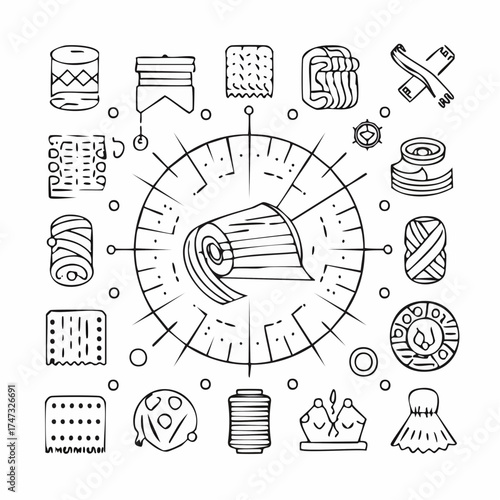 Line vector icons of textile design: fabric roll, pattern swatch, repeat tile, weaving icon, thread spool, loom sketch, color sample, material tag.