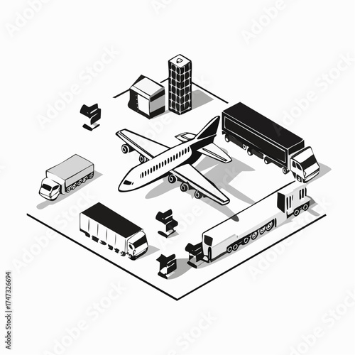 Vector illustration in isometric style of logistics network with cargo planes, warehouses, trucks, and last-mile delivery services