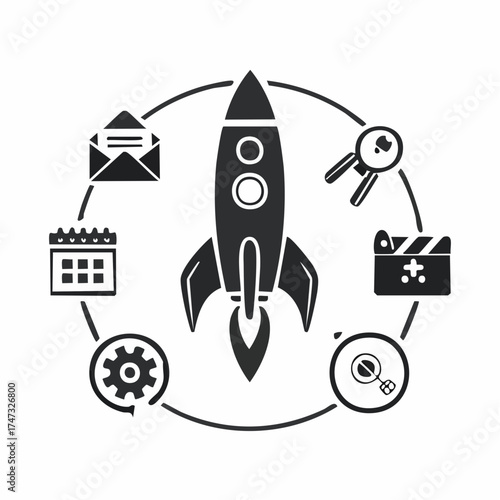 Launch Tools Icons. Solid style icons of launch tools: rocket icon, release date, rollout badge, system debut. Solid style of