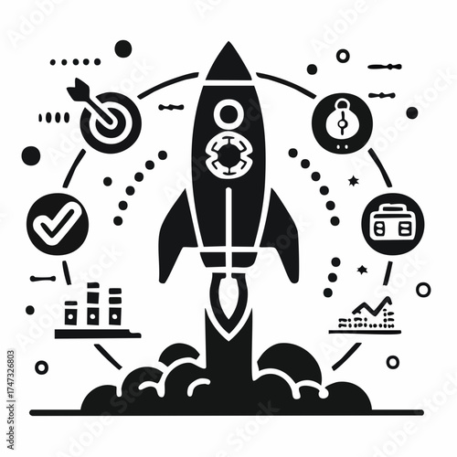 Launch Tools Icons. Solid style icons of launch tools: rocket icon, release date, rollout badge, system debut. Solid style of