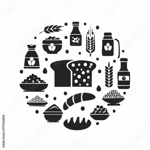 Solid style icons of whole grains: whole wheat bread, oats icon, brown rice bowl, quinoa grain, grain label, buckwheat pack, cereal scoop, fiber tag.