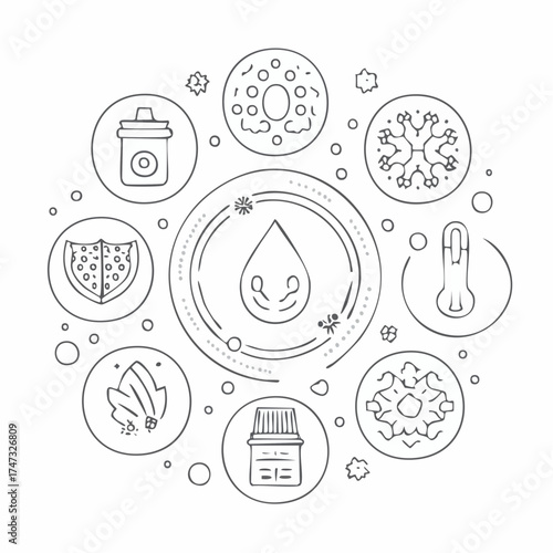 Line style icons of seasonal allergies: pollen count icon, dust allergy tracker, hay fever symbol, spring allergy alert, summer mold spore badge, antihistamine tablet, itchy eyes icon, nose spray