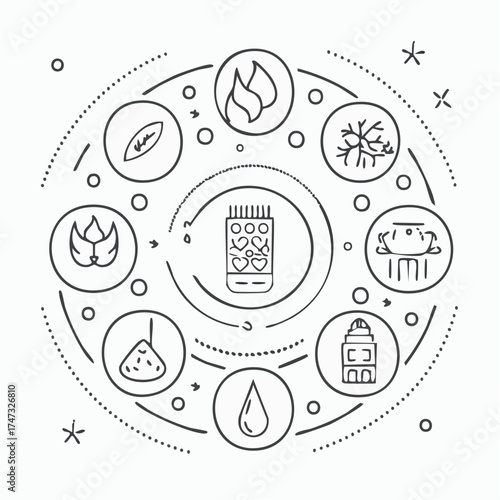 Line style icons of seasonal allergies: pollen count icon, dust allergy tracker, hay fever symbol, spring allergy alert, summer mold spore badge, antihistamine tablet, itchy eyes icon, nose spray