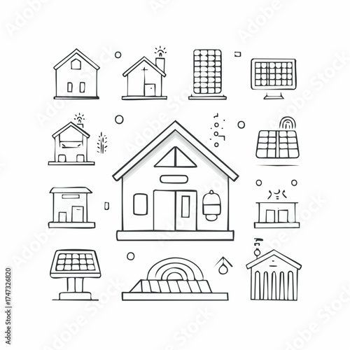 Line style icons of solar-ready designs: angled roof, inverter setup, solar panel mount, wiring path icon, battery storage box, solar-ready switchboard, daylight sensor, off-grid toggle.