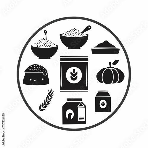 Solid style icons of whole grains: whole wheat bread, oats icon, brown rice bowl, quinoa grain, grain label, buckwheat pack, cereal scoop, fiber tag.