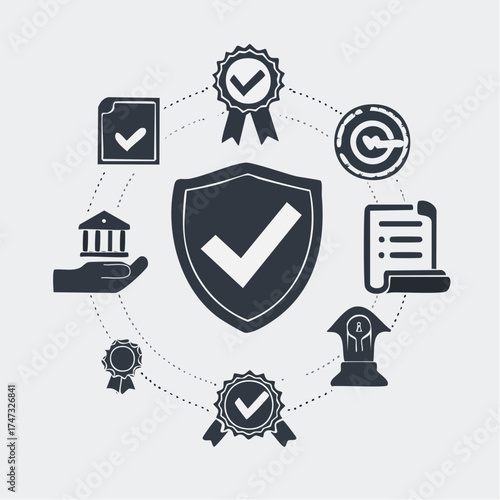 Collection of black and white icons that represent various forms of approval or certification. The icons include a checkmark, a shield, a stamp, and a hand. Scene is one of trust and reliability