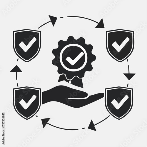 Collection of black and white icons that represent various forms of approval or certification. The icons include a checkmark, a shield, a stamp, and a hand. Scene is one of trust and reliability