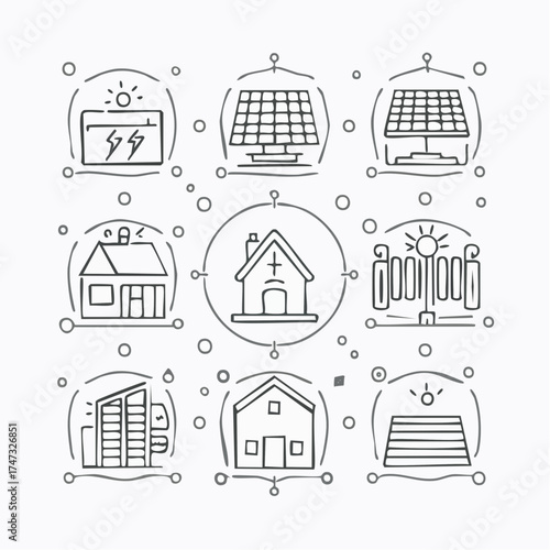 Line style icons of solar-ready designs: angled roof, inverter setup, solar panel mount, wiring path icon, battery storage box, solar-ready switchboard, daylight sensor, off-grid toggle.