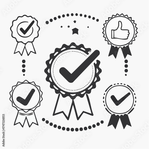 Collection of black and white icons that represent various forms of approval or certification. The icons include a checkmark, a shield, a stamp, and a hand. Scene is one of trust and reliability