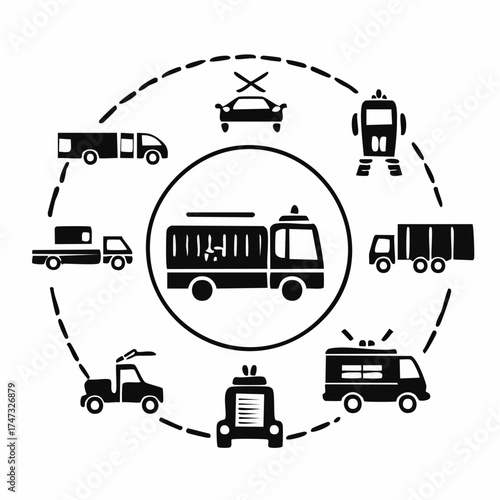 Solid style icons of emergency and utility vehicles: fire truck, ambulance icon, police car, tow truck, garbage truck, street sweeper, utility van, water tanker.
