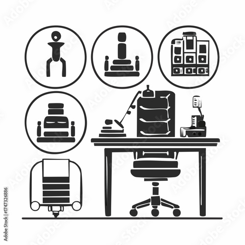 Solid style icons of posture and ergonomics: ergonomic chair, standing desk, spine alignment, screen height icon, sit-straight icon, wrist position, desk stretch, chair cushion.