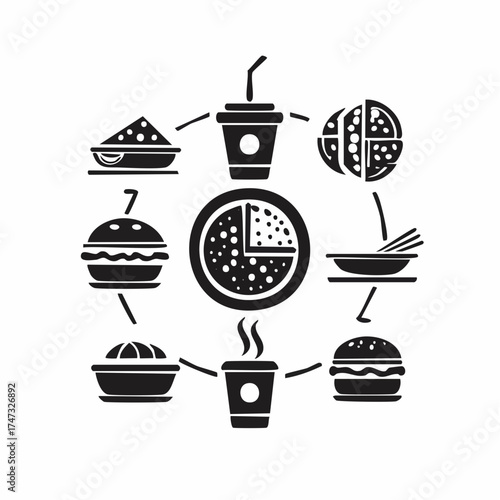 Food and Drink Icons. Solid style icons of food and drink: coffee cup, burger icon, pizza slice, wine glass, salad bowl, noodle