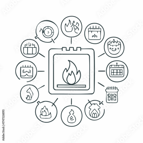 Line style icons of burnout and recovery: battery drain, emotional fatigue, burnout flame icon, rest needed sign, time-off calendar, support system icon, energy rebuild, recovery tracker.