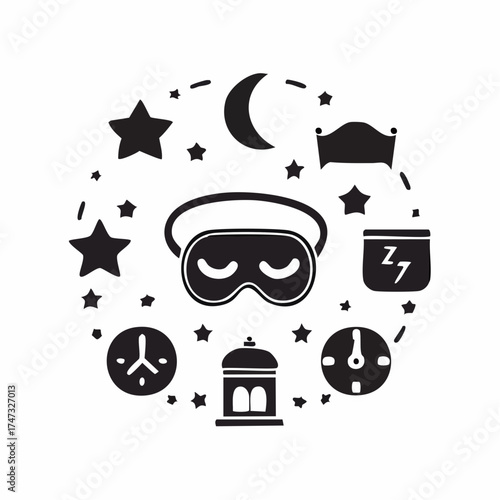 Solid style icons of sleep and recovery: sleep mask, moon and stars, bedtime alarm, sleep tracker, quiet room icon, deep sleep symbol, pillow and blanket, wind-down light.