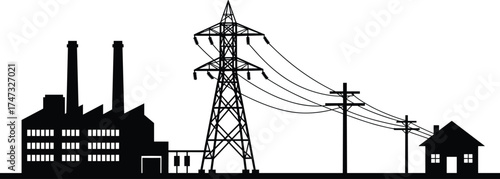 Electric power generation and transmission concept, factory power plant, high voltage pylon, energy distribution network, electricity supply to home, black silhouette vector illustration