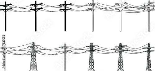 Electric power poles and transmission towers, energy distribution infrastructure, voltage network, industrial electricity system, utility grid connection vector illustration, black and white design