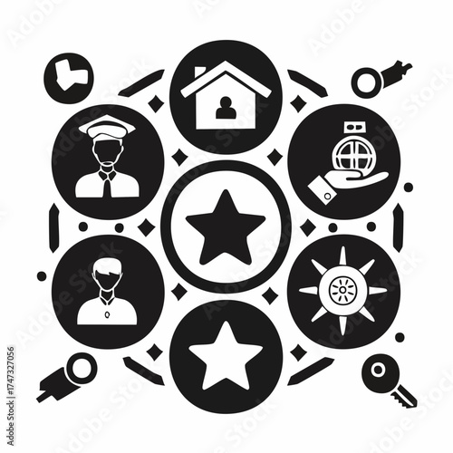 Solid style icons of team roles and permissions: team leader star, admin key, editor badge, viewer icon, role switch, access toggle, guest icon, owner crown.