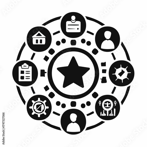 Solid style icons of team roles and permissions: team leader star, admin key, editor badge, viewer icon, role switch, access toggle, guest icon, owner crown.