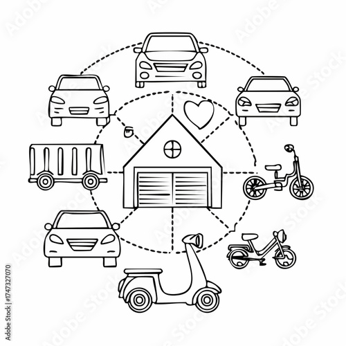 Line style icons of personal vehicles: car front, motorcycle, electric scooter, bicycle, minivan, pickup truck, classic car, garage icon.