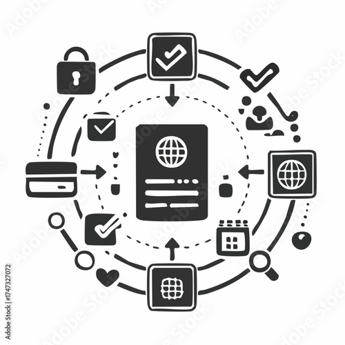 Solid style icons of account verification: ID with check, profile confirmed, identity badge, KYC complete, passport approved, verified user icon, selfie check, document confirmation.