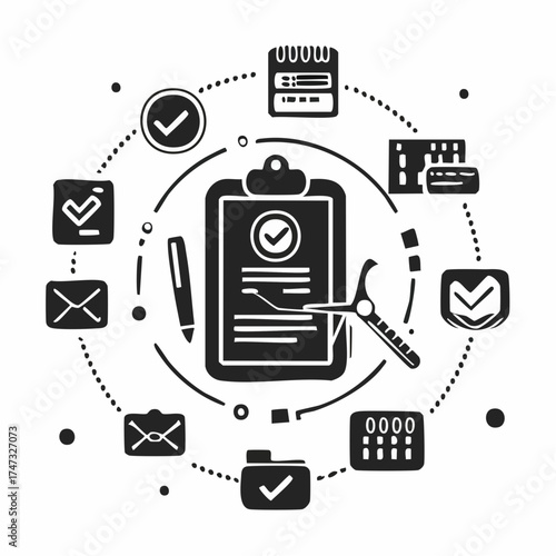 Solid style icons of account verification: ID with check, profile confirmed, identity badge, KYC complete, passport approved, verified user icon, selfie check, document confirmation.