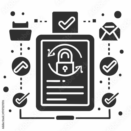 Solid style icons of account verification: ID with check, profile confirmed, identity badge, KYC complete, passport approved, verified user icon, selfie check, document confirmation.