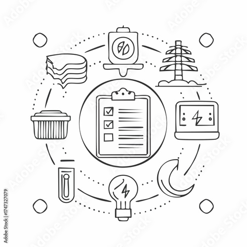 Line style icons of power use planning: kilowatt diary, low-use hour icon, off-peak marker, demand curve chart, week trend line, daily usage cap, high-consumption flag, energy plate icon.