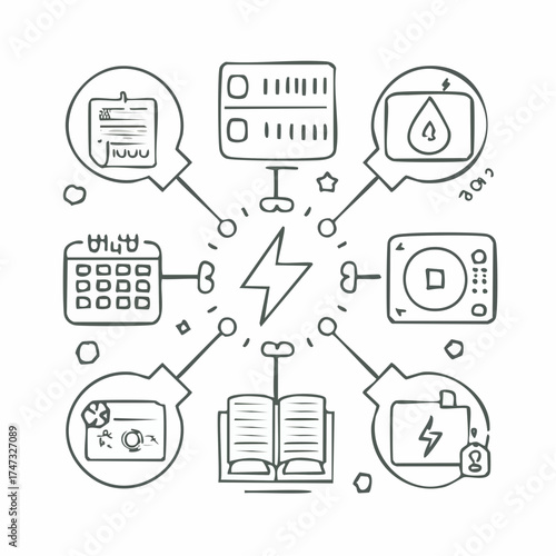 Line style icons of power use planning: kilowatt diary, low-use hour icon, off-peak marker, demand curve chart, week trend line, daily usage cap, high-consumption flag, energy plate icon.