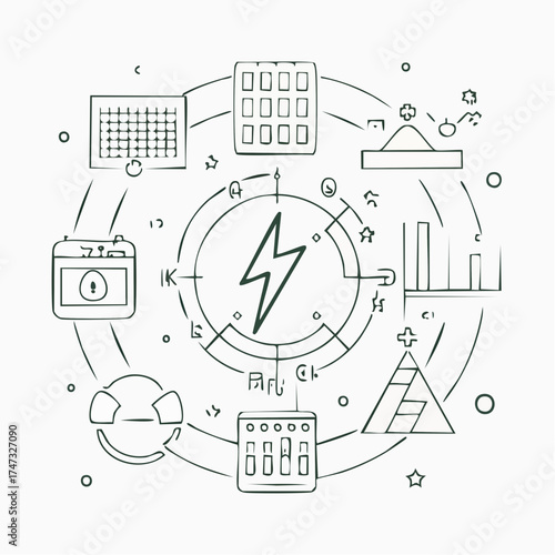 Line style icons of power use planning: kilowatt diary, low-use hour icon, off-peak marker, demand curve chart, week trend line, daily usage cap, high-consumption flag, energy plate icon.