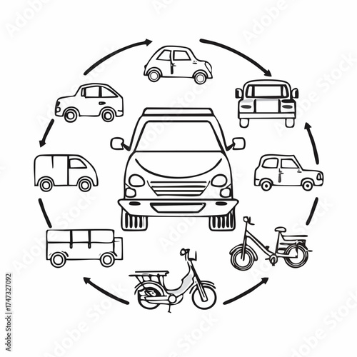 Line style icons of personal vehicles: car front, motorcycle, electric scooter, bicycle, minivan, pickup truck, classic car, garage icon.