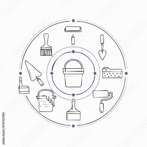 Line vector icons of construction and repair: mixing paddle, plaster bucket, stucco trowel, hawk board, corner trowel, surface float, render mesh, wet sponge.