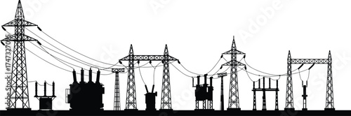 Electric power substation vector illustration, high voltage transmission towers silhouette, industrial energy infrastructure design, electricity distribution system art, engineering concept drawing