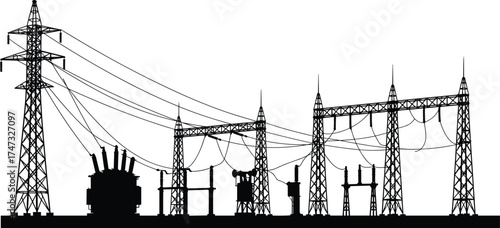  Electric power substation vector illustration, high voltage transmission towers, electricrk
