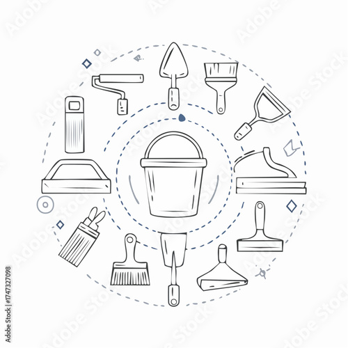 Line vector icons of construction and repair: mixing paddle, plaster bucket, stucco trowel, hawk board, corner trowel, surface float, render mesh, wet sponge.