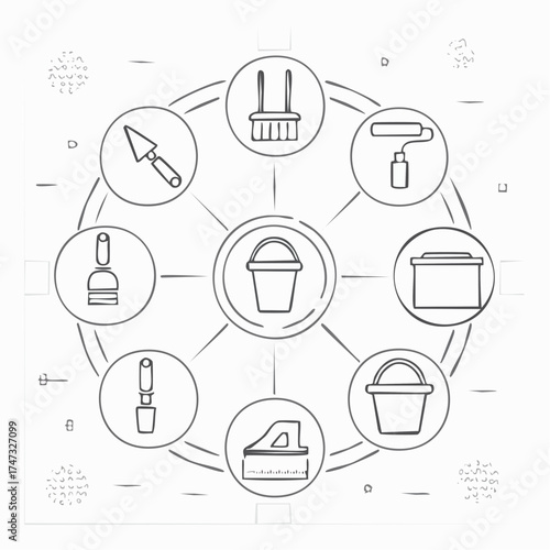 Line vector icons of construction and repair: mixing paddle, plaster bucket, stucco trowel, hawk board, corner trowel, surface float, render mesh, wet sponge.