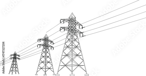 Electric power transmission towers, high voltage pylons with power lines, electricity distribution network, industrial energy infrastructure, utility grid engineering design vector