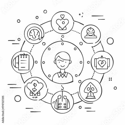Line style icons of therapy styles: cognitive icon, behavior cycle, talk bubble, trauma work, CBT flow, art therapy, group therapy, solution chart.