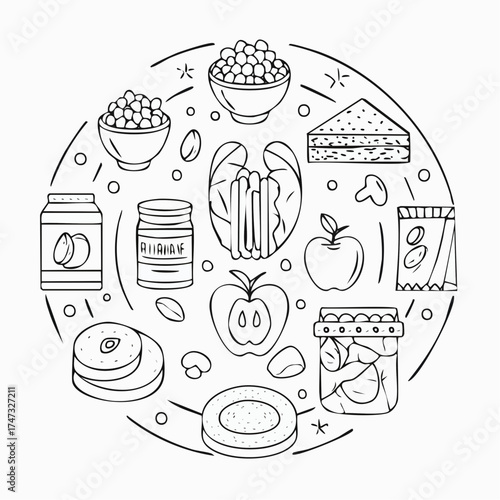 Line style icons of healthy snacks: apple slice, nut bag, veggie sticks, hummus dip, energy ball, yogurt cup, rice cake, smoothie jar.
