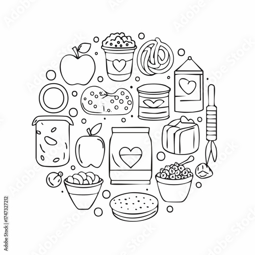 Line style icons of healthy snacks: apple slice, nut bag, veggie sticks, hummus dip, energy ball, yogurt cup, rice cake, smoothie jar.