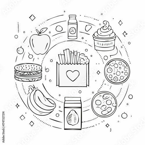Line style icons of healthy snacks: apple slice, nut bag, veggie sticks, hummus dip, energy ball, yogurt cup, rice cake, smoothie jar.