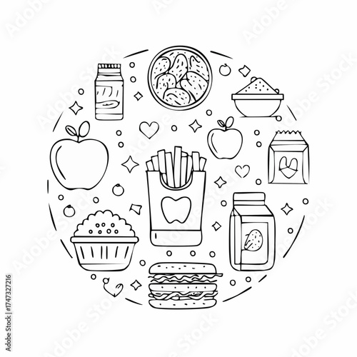 Line style icons of healthy snacks: apple slice, nut bag, veggie sticks, hummus dip, energy ball, yogurt cup, rice cake, smoothie jar.