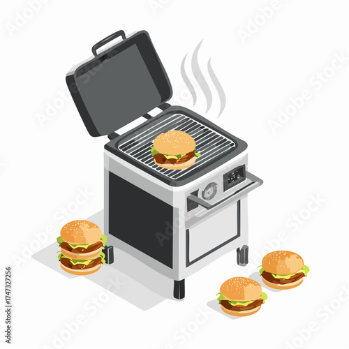 Grilling Hamburger Icons. Isometric flat vector illustration of a hamburger grilling station with sizzling patties and grill marks